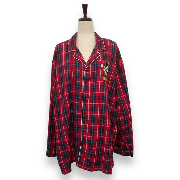 Disney Store Red Holiday Plaid Button Up Shirt XL Mickey Mouse Embroidered sleep - Picture 3 of 11